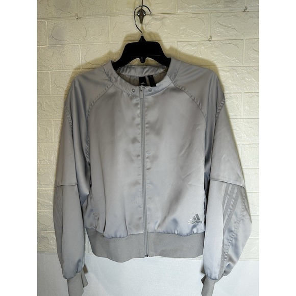 adidas Jackets & Blazers - Adidas Gray Silver Bomber‎ Jacket Large Zip Windbreaker Long Sleeve Used